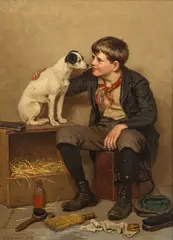 John George Brown, Shoe Shine Boy with Dog, Oil on Canvas