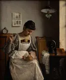 Young Woman Sewing a Doll's Dress by Alois Heinrich Priechenfried, Oil on Beveled Panel, sold Dec 2025