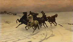 Stanislaw Ksawery Szykier-Siekierz, Kulak Driving a Wagon with Five Bolting Horses, Oil on Canvas