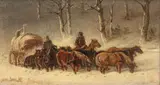 Aleksander Kamiński, Teamsters in a Winter Landscape, Oil on Beveled Mahogany Panel