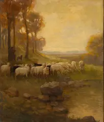 Josef Ferdinand Benesch, a Shepherd and His Flock, Oil on Canvas
