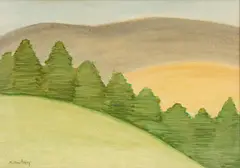 Milton Avery, Landscape with Hills and Trees, Watercolor and Gouache on Paper, Laid Down to Cardstock