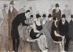 Isaac Maimon, Cafe Scene, Mixed Media on Steinbach Paper