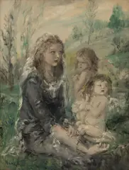 Aurel Naray, Mother and Two Children, Oil on Canvas