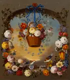 Jeannine Albert, Floral Wreath with Birds, Oil on Canvas 20th Cen.