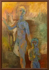 Ken Salaz, a Man, a Boy and a Horse, Acrylic on Paper