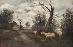 Henry Robinson Hall, Four Sheep in Landscape, 1900, Oil on Canvas