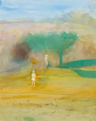 Runner and Child at Riverside Park by Ellen Wilt, circa 1980, Watercolor on Laid Paper, sold Dec 2025