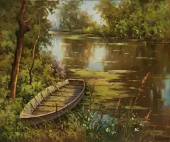 Lucien Chenu, Marais Poitevin with Rowboat, 1970, Oil on Canvas