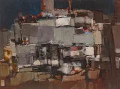 Cityscape by Pawel August Kontny, 1970-1980, Oil and Marble Dust on Masonite C., sold Nov 2025