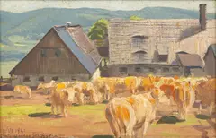 Karl Wagner, Alpine Farm, 1925, Oil on Artists Board