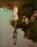 Mihail Vasilievich Nestorov, Untitled, Oil on Board, Ca. Early 20th C., Two Figures on a Riverbank