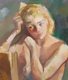 Gunnlaugur Blöndal, Female Nude Brushing Hair, Oil on Canvas