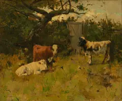 Harry Ives Thompson, Untitled, Oil on Canvas, Pastoral Scene with Three Cows