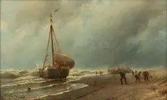 Willem Hendrik Eickelberg, Sailing Vessels at Low Tide, Oil on Canvas