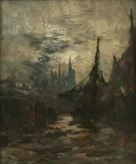 Drying Fishing Nets by Moonlight by Robert Hopkin, Oil on Canvas, sold Oct 2025