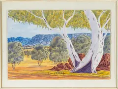 Basil Rantji, Ghost Gum at the MacDonnell Ranges, Central Australia, Watercolor on Artist Board