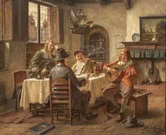 Musician Playing to the Tavern by Fritz Wagner-Hohenberg, circa 1960-70, Oil on Canvas, sold Oct 2025