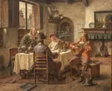 Fritz Wagner-Hohenberg, Musician Playing to the Tavern, circa 1960-70, Oil on Canvas