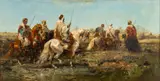 Adolf Schreyer, Arabian Warriors on Their Mounts, Oil on Canvas