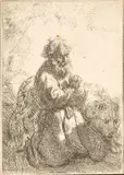 Rembrandt van Rijn, St. Jerome Kneeling in Prayer, Looking Down, Etching on Paper, Laid Down