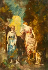 Adolph Monticelli, Two Women And Their Dogs, Oil on Panel