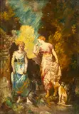 Adolph Monticelli, Two Women And Their Dogs, Oil on Panel