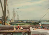 Charles Waltensperger, New England Harbor Scene, Oil on Canvas Board