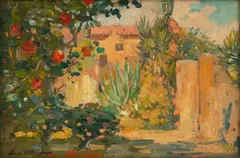 Charles Waltensperger, Mediterranean Courtyard, Oil on Board