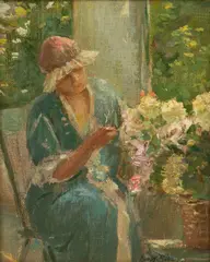 Woman Tending Flowers by Joseph W. Gies, Oil on Canvas Board, sold Sep 2025