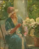 Joseph W. Gies, Woman Tending Flowers, Oil on Canvas Board