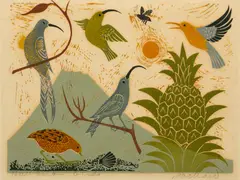 Emmy Lou Packard, Hawaiian Birds, Woodblock Print in Colors on Paper