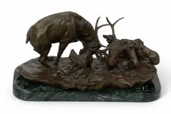 Stanley Quentin Johnson, Elk Fending Off a Pack of Wolves, 1975, Original Bronze Sculpture