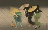 Kitagawa Utamaro, Two Geisha And Porter in Wind And Rain at Night, Woodblock Print, Showa Era