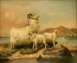 Richard Ansdell, Ewe with Lambs Beside a Loch, Oil on Canvas