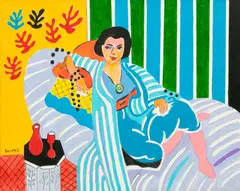 Wayne Ensrud, Reclining Figure in a Striped Robe, Acrylic And Tempera on Canvas 20th Century