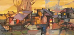 Jun Bueno Silva, Abstract Village Scene, 1974, Oil on Canvas
