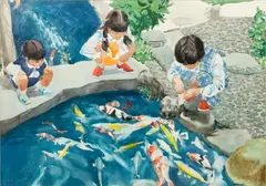 Marjorie Hecht Simon, Feeding the Goldfish, Watercolor on Paper