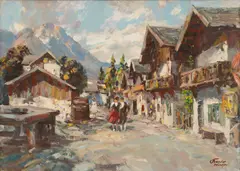 Stanislaw Bender, Alpine Village, 1950-1960, Oil on Canvas