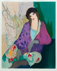 Itzchak Tarkay, Untitled, Lithograph in Colors on Paper, Seated Woman in a Purple Shawl