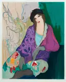 Itzchak Tarkay, Untitled, Lithograph in Colors on Paper, Seated Woman in a Purple Shawl