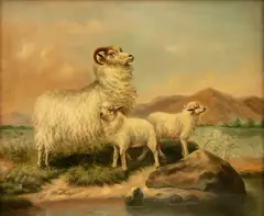 Richard Ansdell, Ewe with Lambs Beside a Loch, Oil on Canvas