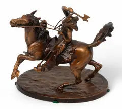 Indian Brave on Horseback Fighting a Leopard by Carl Kauba, Patinated Bronze Sculpture, sold Apr 2025