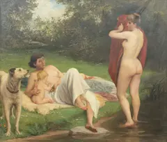 Jules Van Keirsbilck, Bathing by the Rivers Edge, Oil on Canvas Painting