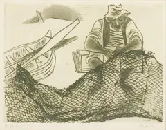 William Gropper, Untitled, Lithograph on Paper, Man Mending Fishing Net