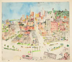 Barbara Greene Mann, View from WDET (Detroit), 1983, Hand Colored Lithograph on Paper