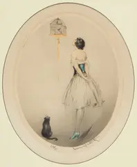 La Cage Rouge (Red Cage) by Louis Icart, 1928, Etching in Colors on Paper, sold Apr 2025