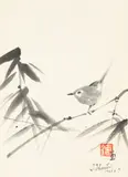 Tomikichirō Tokuriki, Song Bird on Bamboo Branch, 1966, Ink And Watercolor on Paper