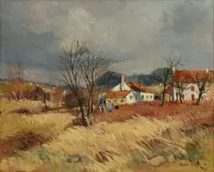 French Countryside Scene by Maurice Lemaître, circa 1950, Oil on Canvas, sold Apr 2025
