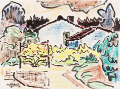 Karl Schmidt-Rottluff, Häuser hinter Gartenzaun, 1970, Colored chalk drawing